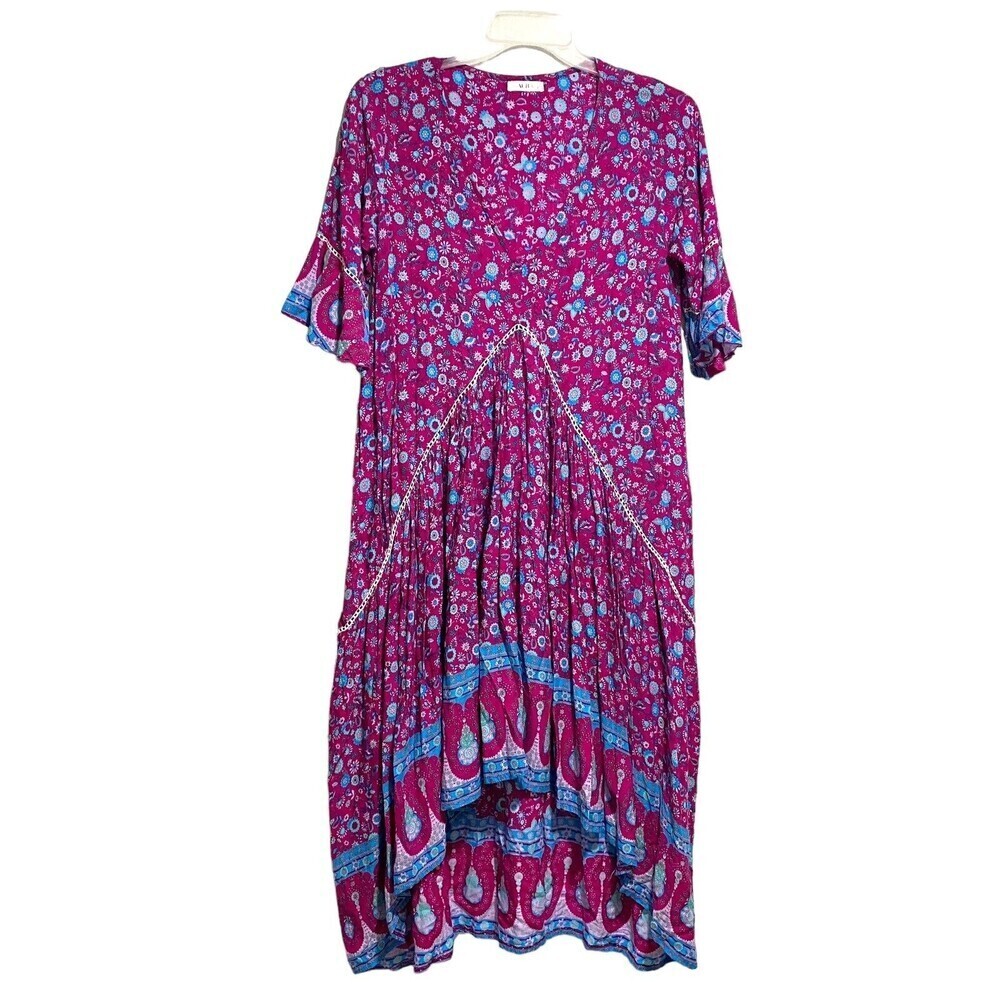 Aura Boho Gypsy Peasant Flowy High‎ Low Maxi Dress Multicolor Size Medium